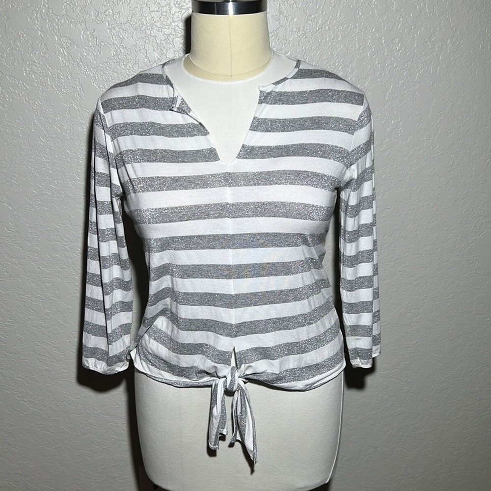 Vilagallo | Front Tie Silver Striped Yachting Sweater